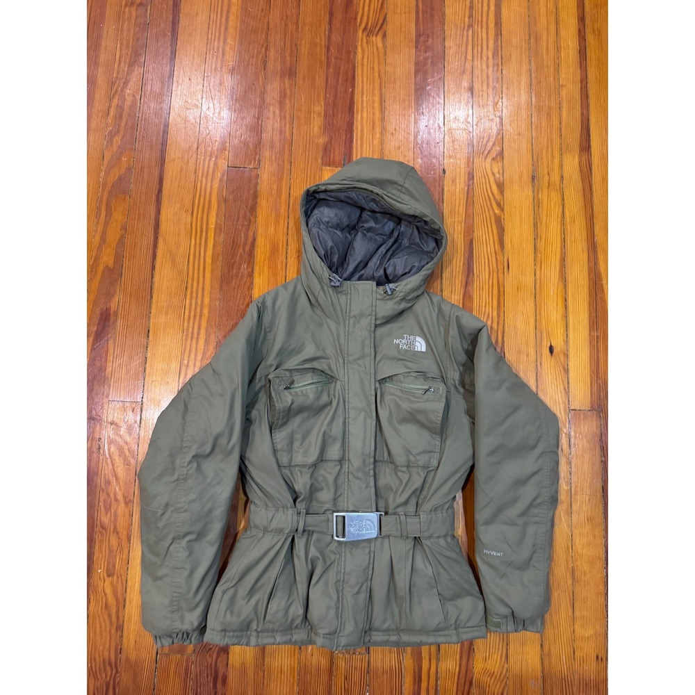 The North Face HyVent Belted Puffer Jacket Olive Green Womens Small Insulated